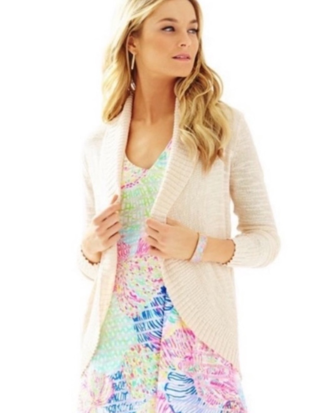 LILLY PULITZER BROOKSIDE CARDIGAN CREAM SAND DUNE SHAWL COLLAR SWEATER XS